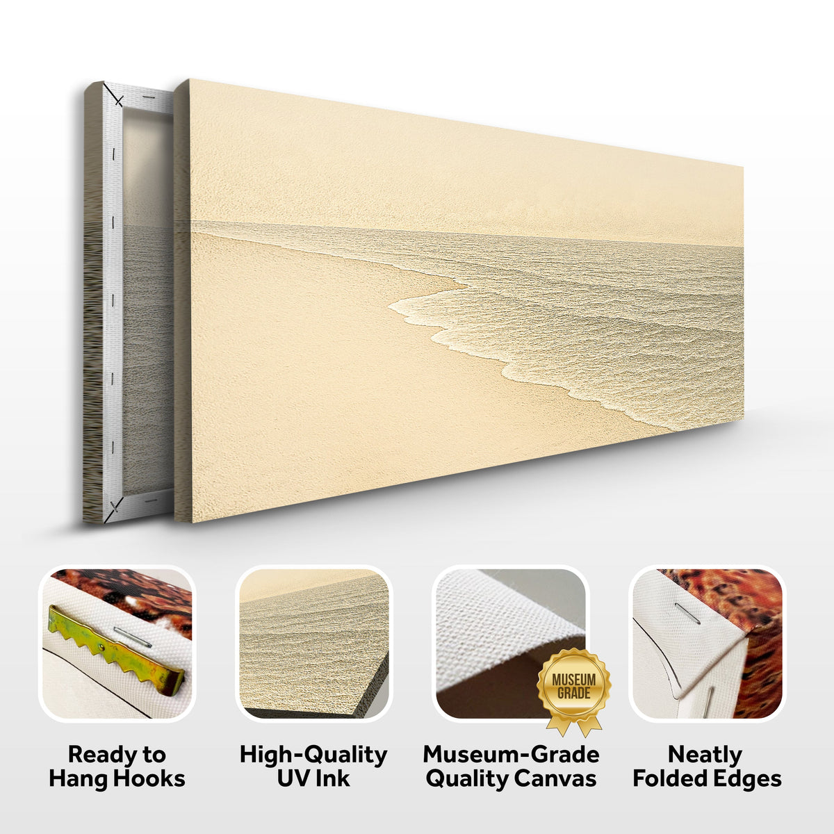 Cream beach and white surf canvas front and side, with text: Ready to Hang Hooks, High-Quality UV Ink, Museum-Grade Quality Canvas, Neatly Folded Edges