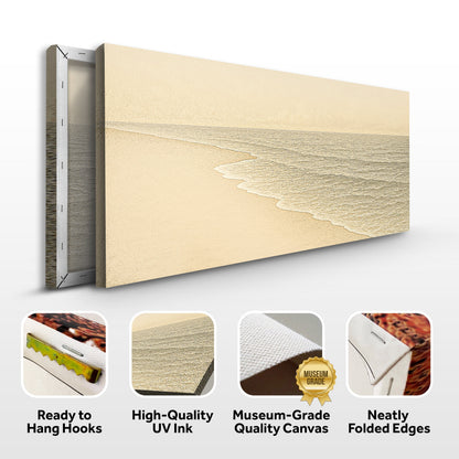 Cream beach and white surf canvas front and side, with text: Ready to Hang Hooks, High-Quality UV Ink, Museum-Grade Quality Canvas, Neatly Folded Edges