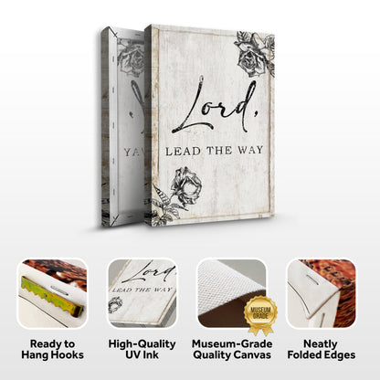 Lord Lead the Way canvas front and side, with text: Ready to Hang Hooks, High-Quality UV Ink, Museum-Grade Quality Canvas, Neatly Folded Edges