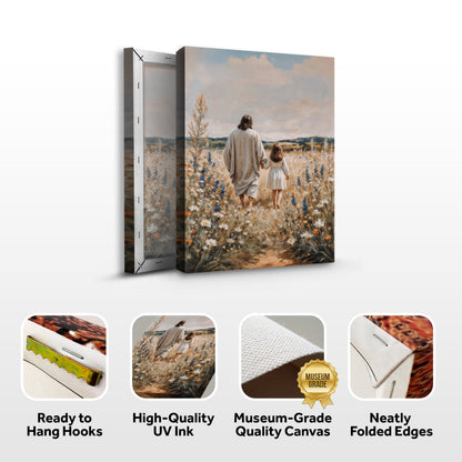 Jesus and child in a meadow canvas front and side, with text: Ready to Hang Hooks, High-Quality UV Ink, Museum-Grade Quality Canvas, Neatly Folded Edges