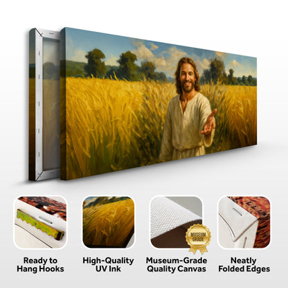 Smiling Jesus in a wheat field canvas front and side, with text: Ready to Hang Hooks, High-Quality UV Ink, Museum-Grade Quality Canvas, Neatly Folded Edges