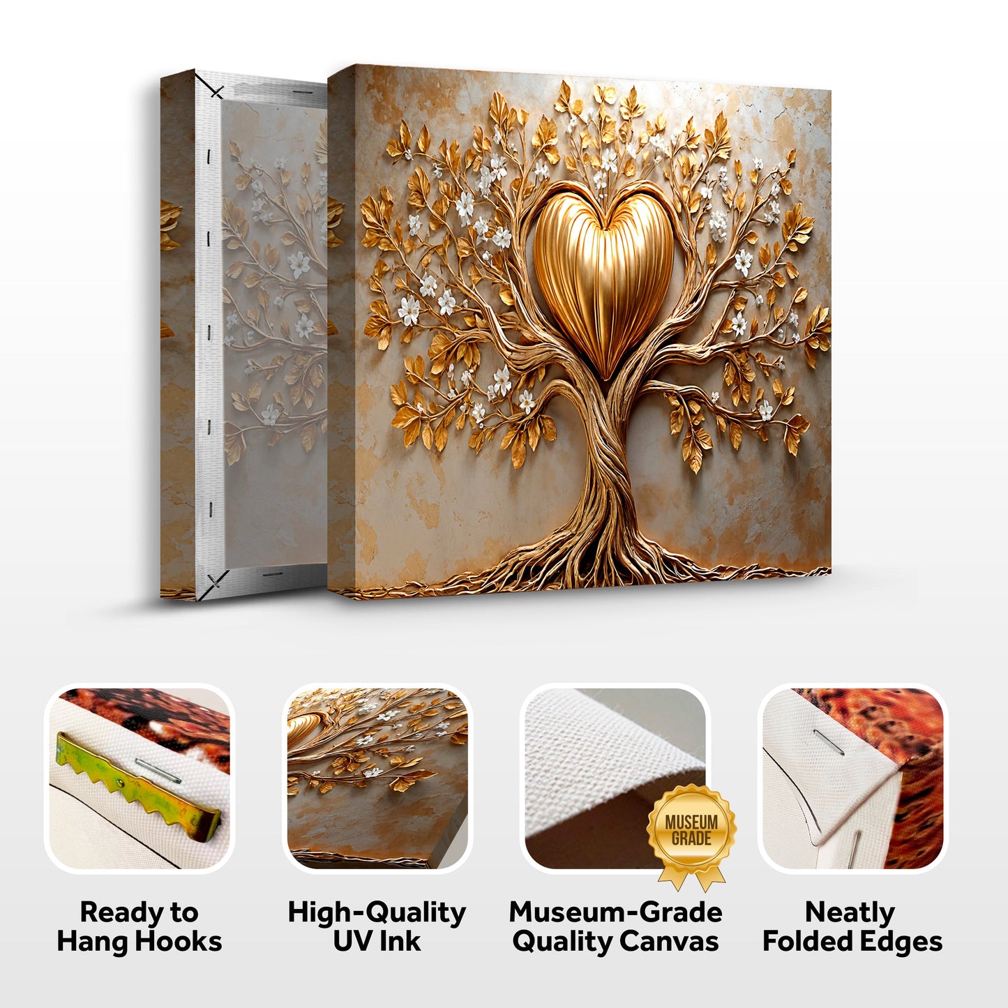 Golden Tree Heart Canvas Wall Art - Nature Love Print
