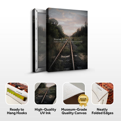 Psalm 91:4 forest railway canvas front and side, with text: Ready to Hang Hooks, High-Quality UV Ink, Museum-Grade Quality Canvas, Neatly Folded Edges