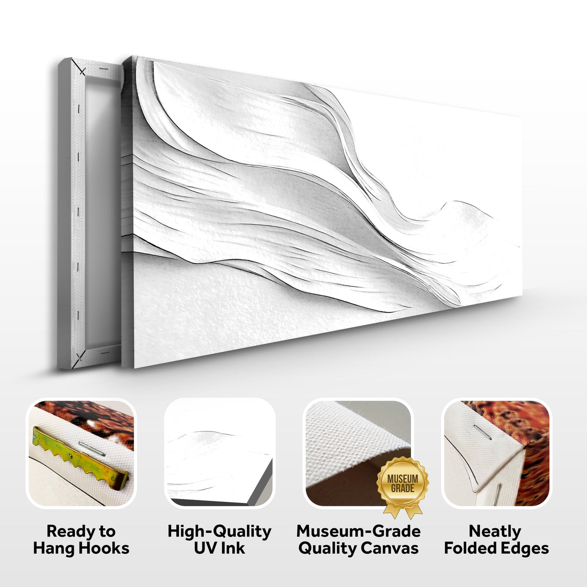White-on-white swirl canvas front and side, with text: Ready to Hang Hooks, High-Quality UV Ink, Museum-Grade Quality Canvas, Neatly Folded Edges
