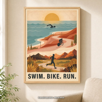 Triathlon Poster: Retro Swim Bike Run Framed Wall Art