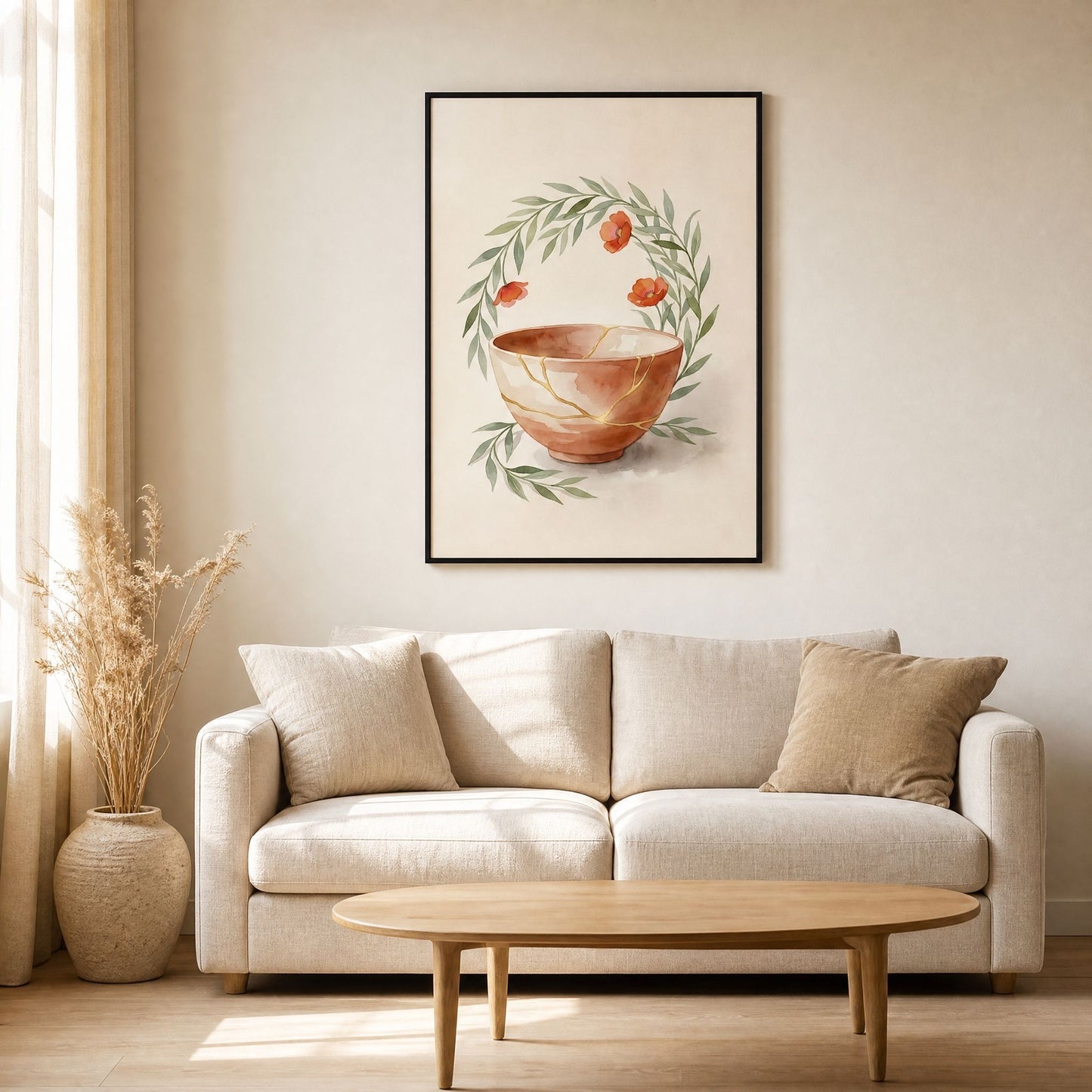 Kintsugi pottery print hung above a two-seat linen sofa, shown at true scale in a warm neutral living room