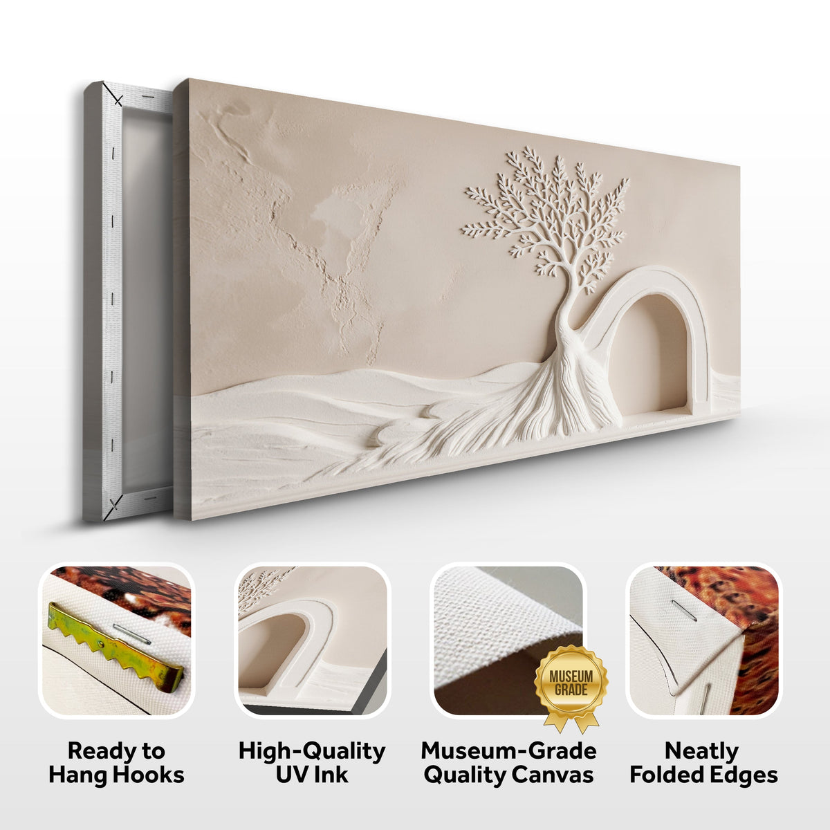 Empty tomb and tree canvas front and side, with text: Ready to Hang Hooks, High-Quality UV Ink, Museum-Grade Quality Canvas, Neatly Folded Edges