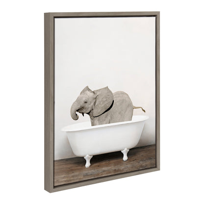 Baby Elephant in the Tub Framed Canvas Wall Art