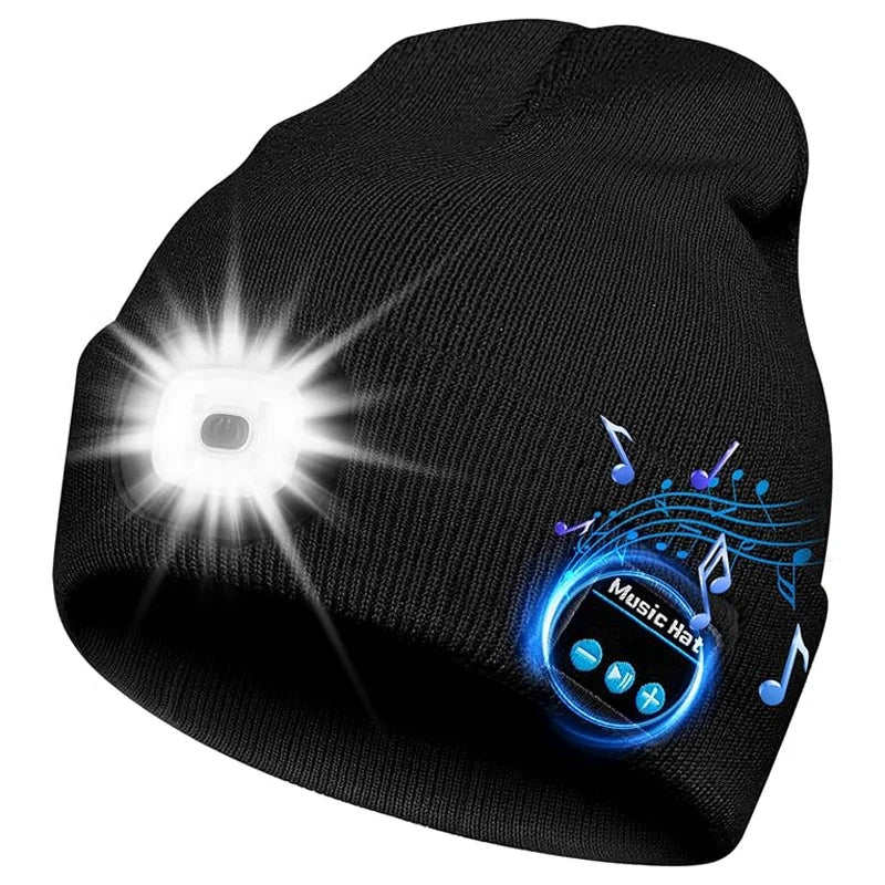 LED Bluetooth Beanie Hat - Rechargeable Headlight & Wireless Headphones
