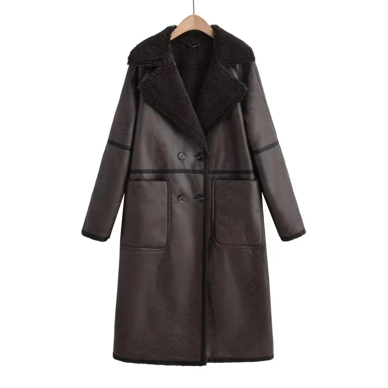 long faux shearling lined coat in dark brown
