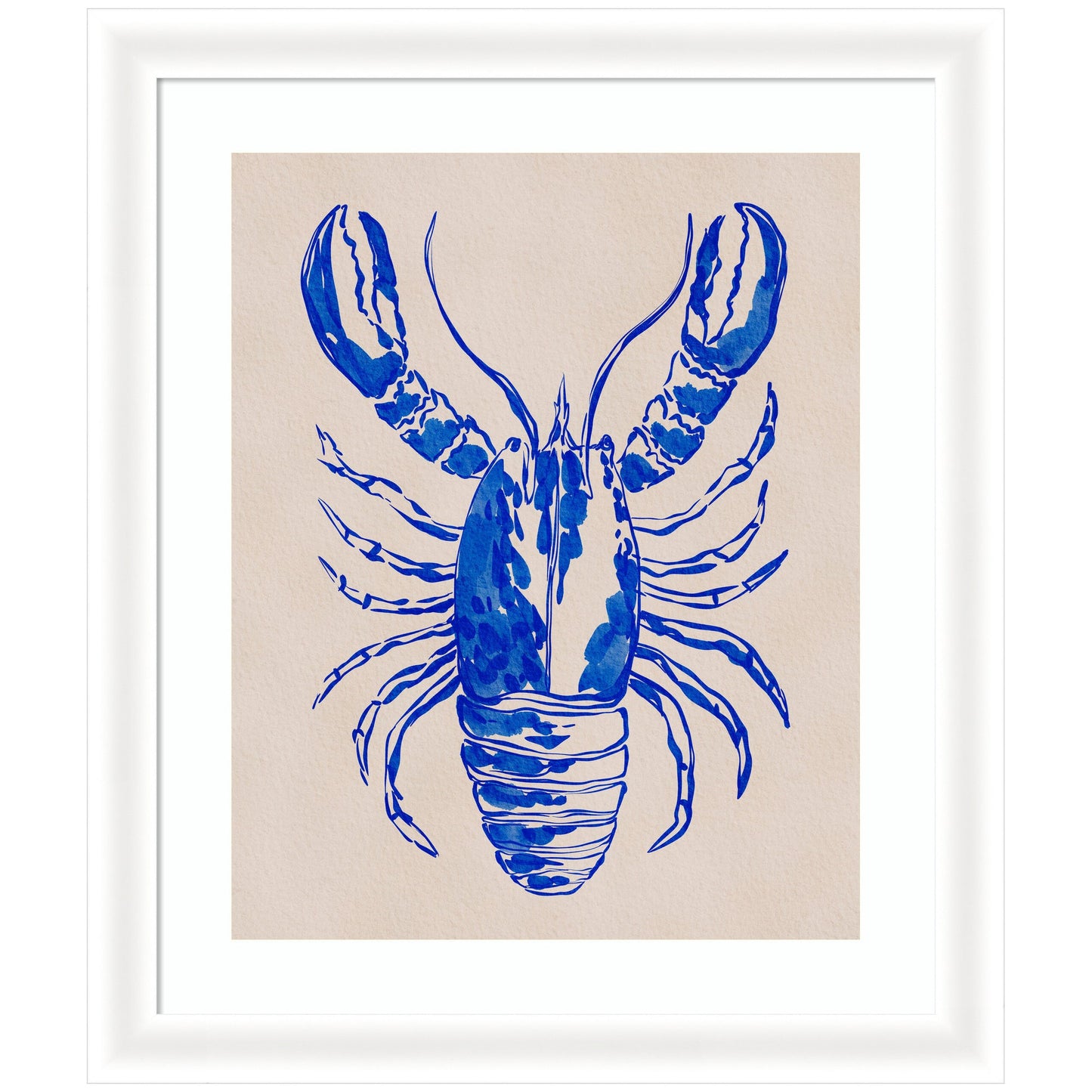 Blue lobster framed wall art print, coastal watercolor decor