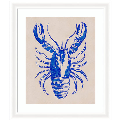 Blue lobster framed wall art print, coastal watercolor decor