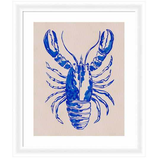 Blue lobster framed wall art print, coastal watercolor decor