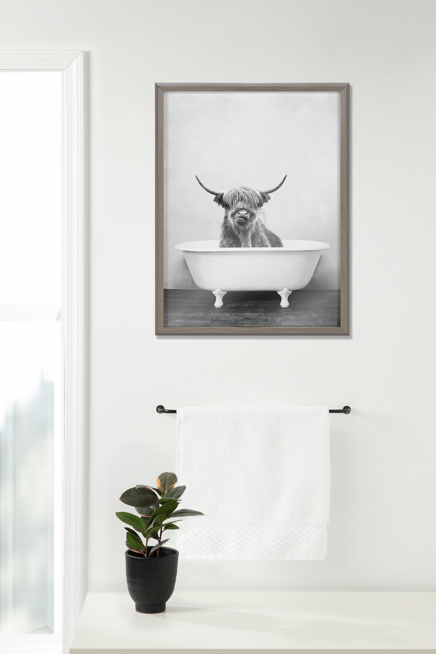 Highland Cow in the Tub Black and White Framed Glass Wall Art