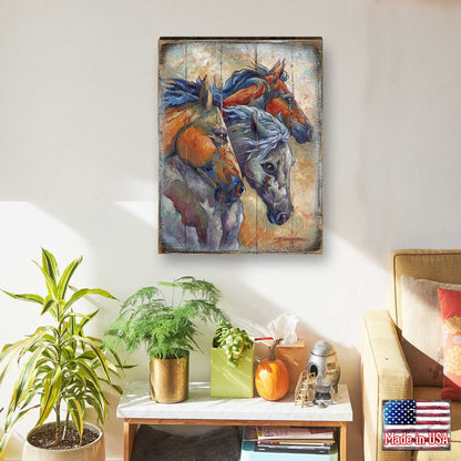 Running horses wood block wall art, handcrafted wildlife panel, ready to hang
