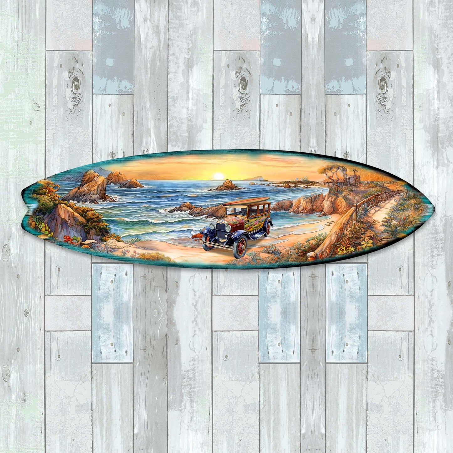 Beach Sunrise Surfboard Wood Wall Art - Coastal Decor