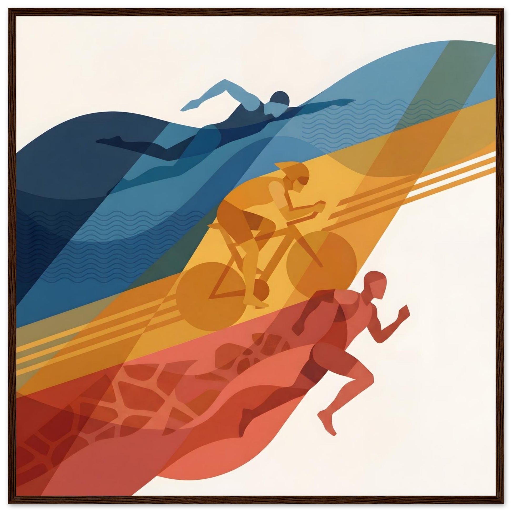 Abstract Triathlon Print: Geometric Swim Bike Run Wall Art - 70x70 cm / 28x28″ - Dark wood frame / Ready-to-hang - Sparkycare