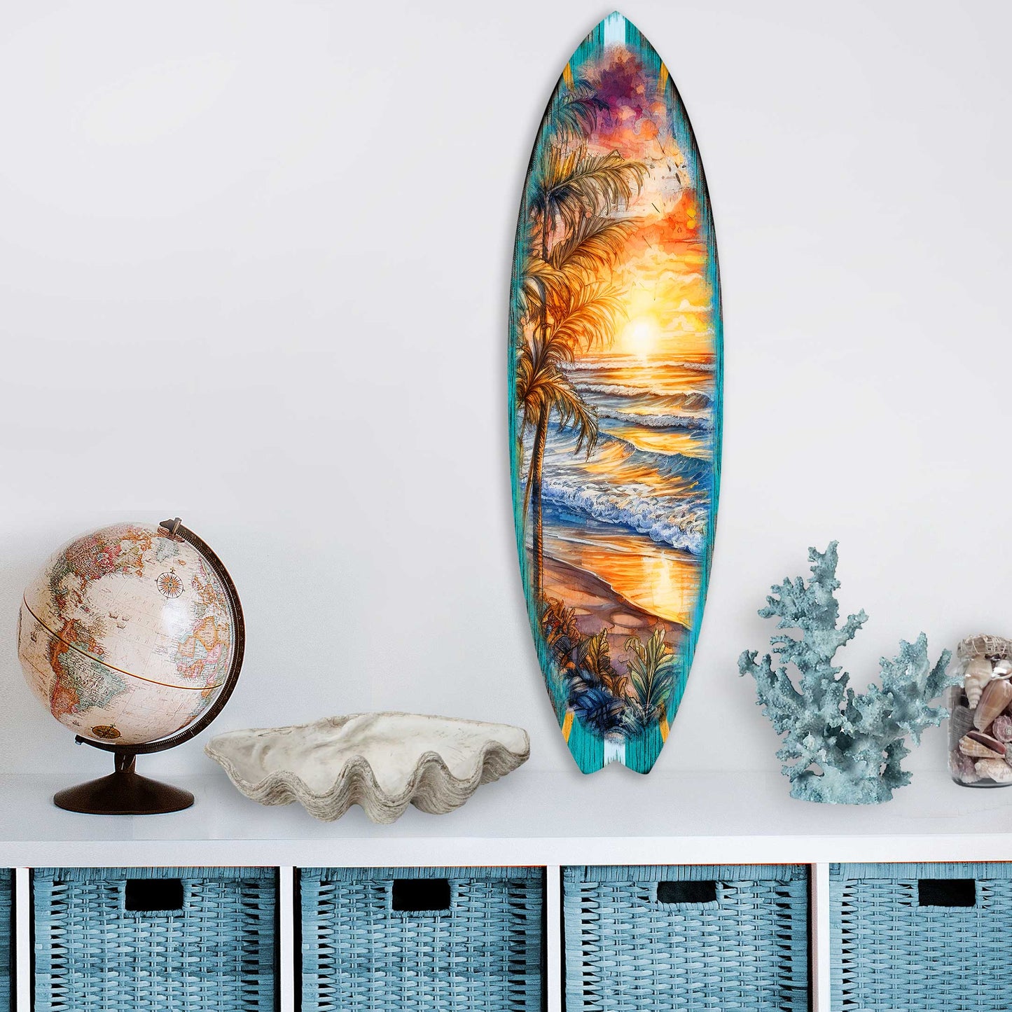 Golden Waves Surfboard Wood Wall Art, Coastal Decor