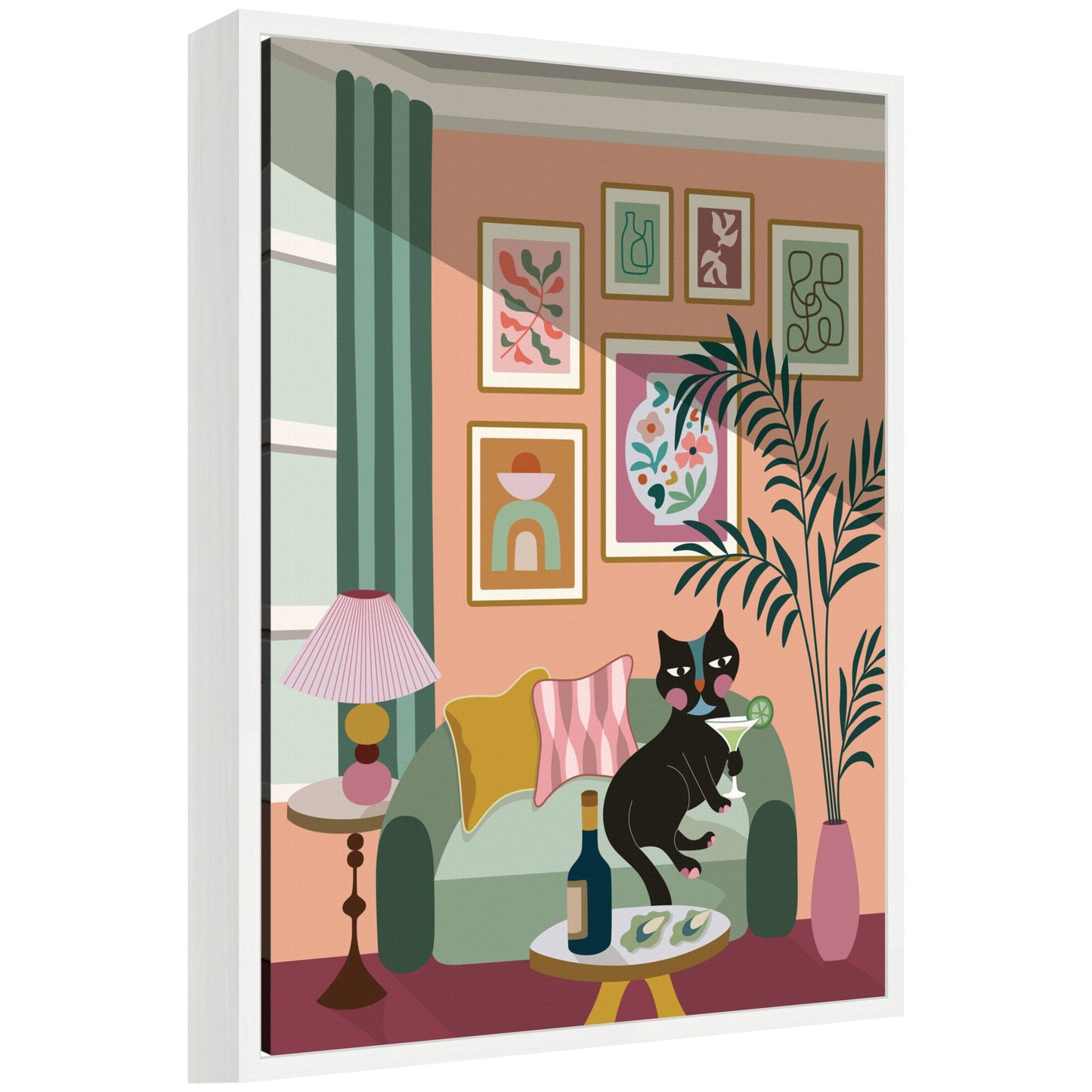Cocktail cat framed canvas wall art