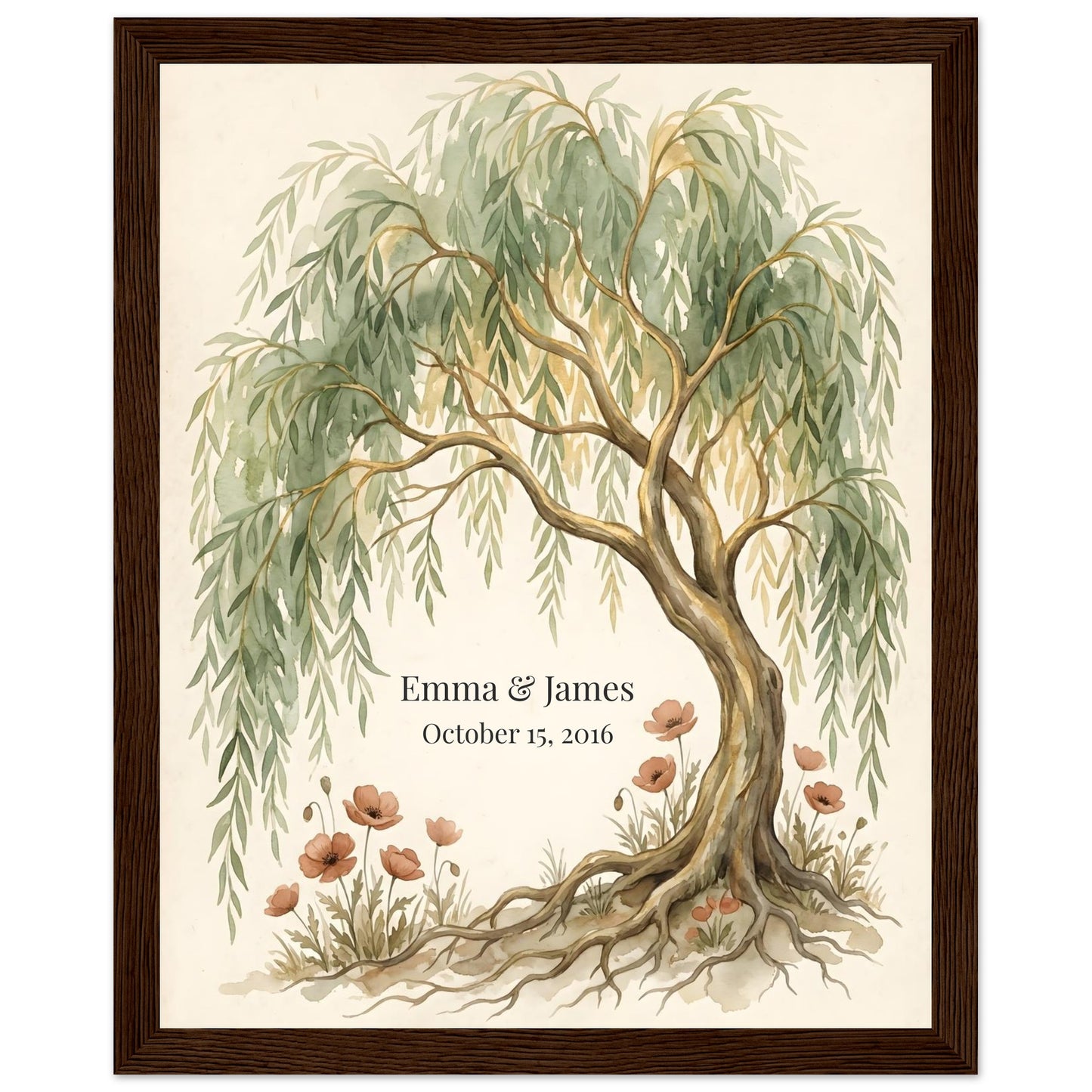 Personalized Willow Tree 9th Anniversary Wall Art - 20x25 cm / 8x10″ - Dark wood frame / Ready-to-hang - Sparkycare