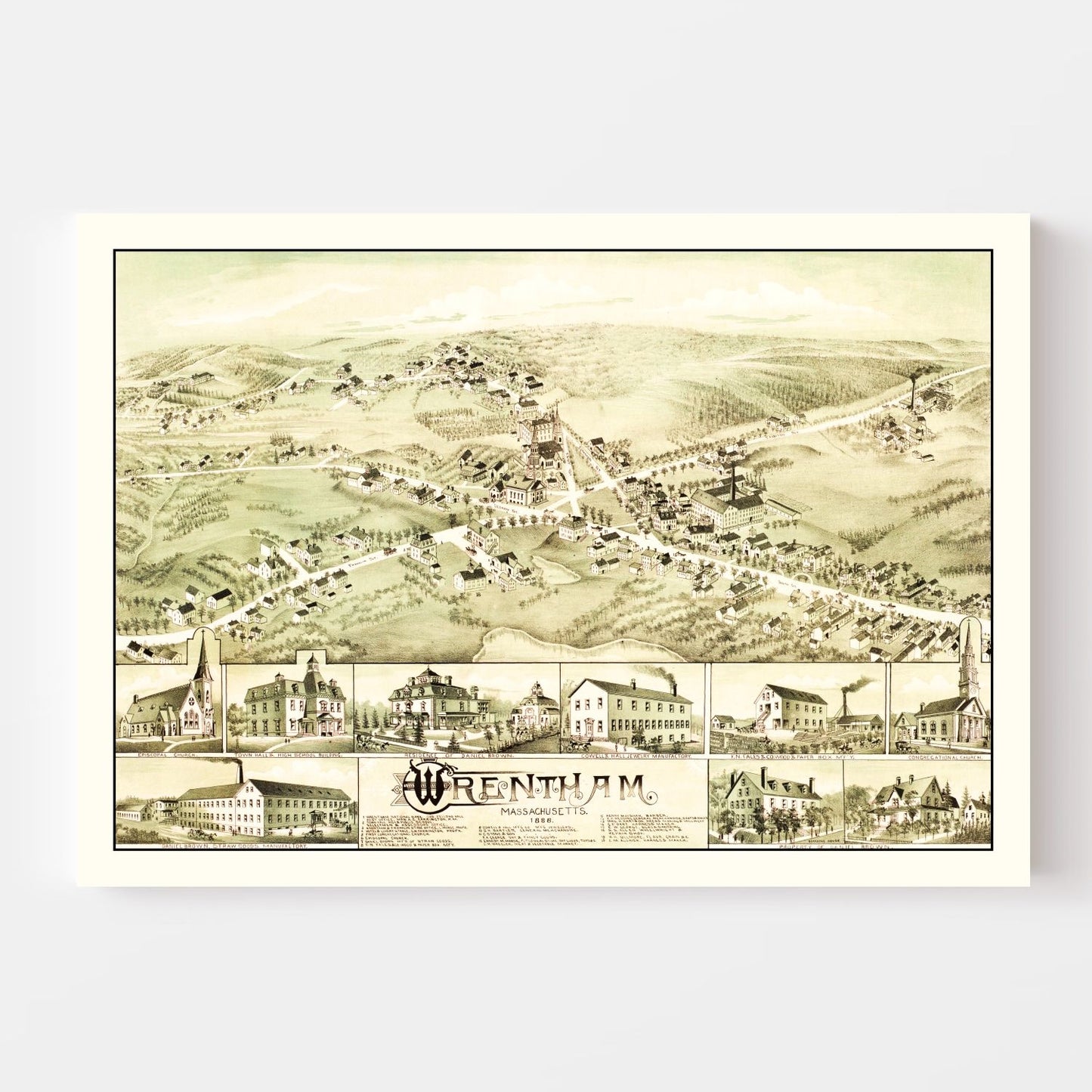 Vintage Map of Wrentham, Massachusetts, 1888