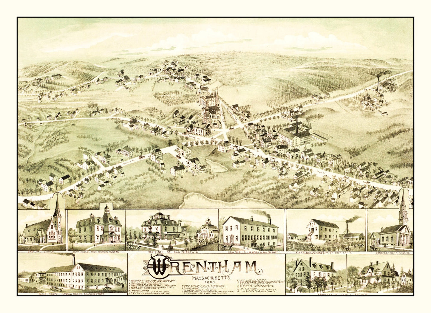 Vintage Map of Wrentham, Massachusetts, 1888