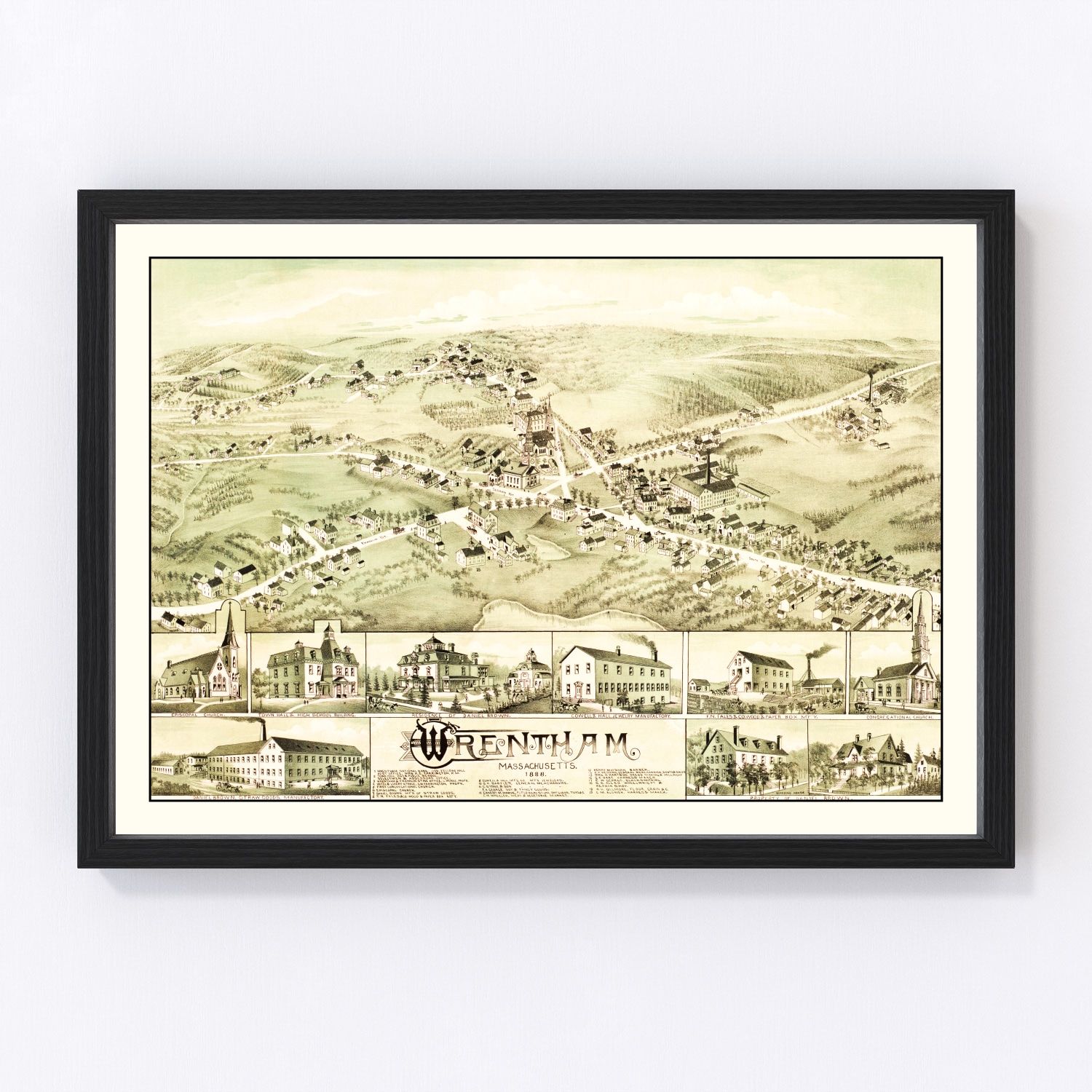 Vintage map of Wrentham, Massachusetts, 1888, Norfolk County restored