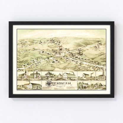 Vintage map of Wrentham, Massachusetts, 1888, Norfolk County restored