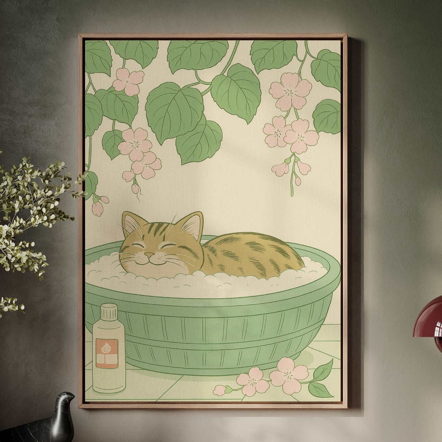 Pastel cat relaxing in a bubble bath cat spa wall art print