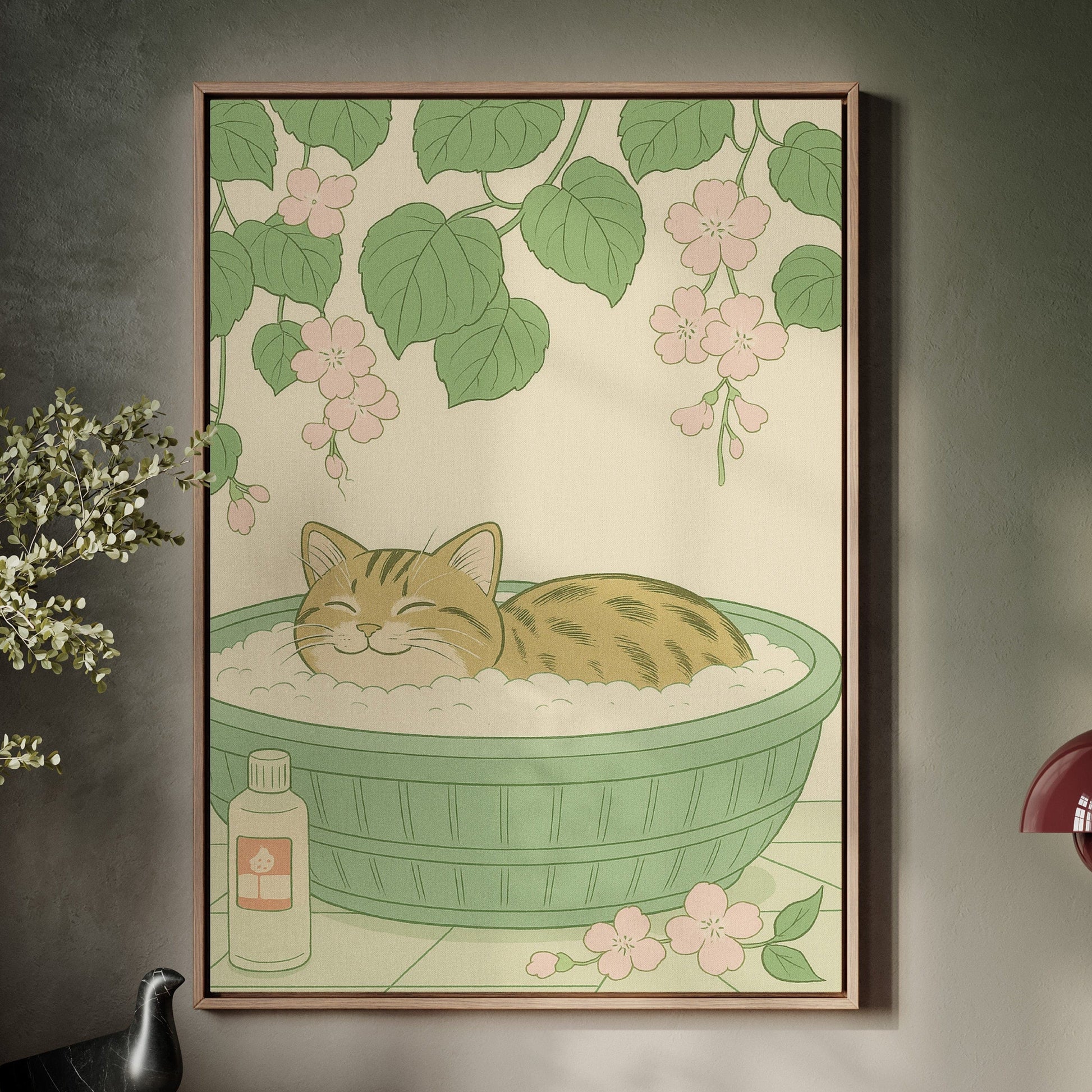 Pastel cat relaxing in a bubble bath cat spa wall art print