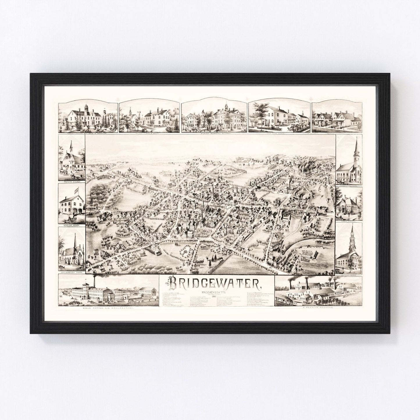 Vintage map of Bridgewater, Plymouth County, Massachusetts, 1887, restored print