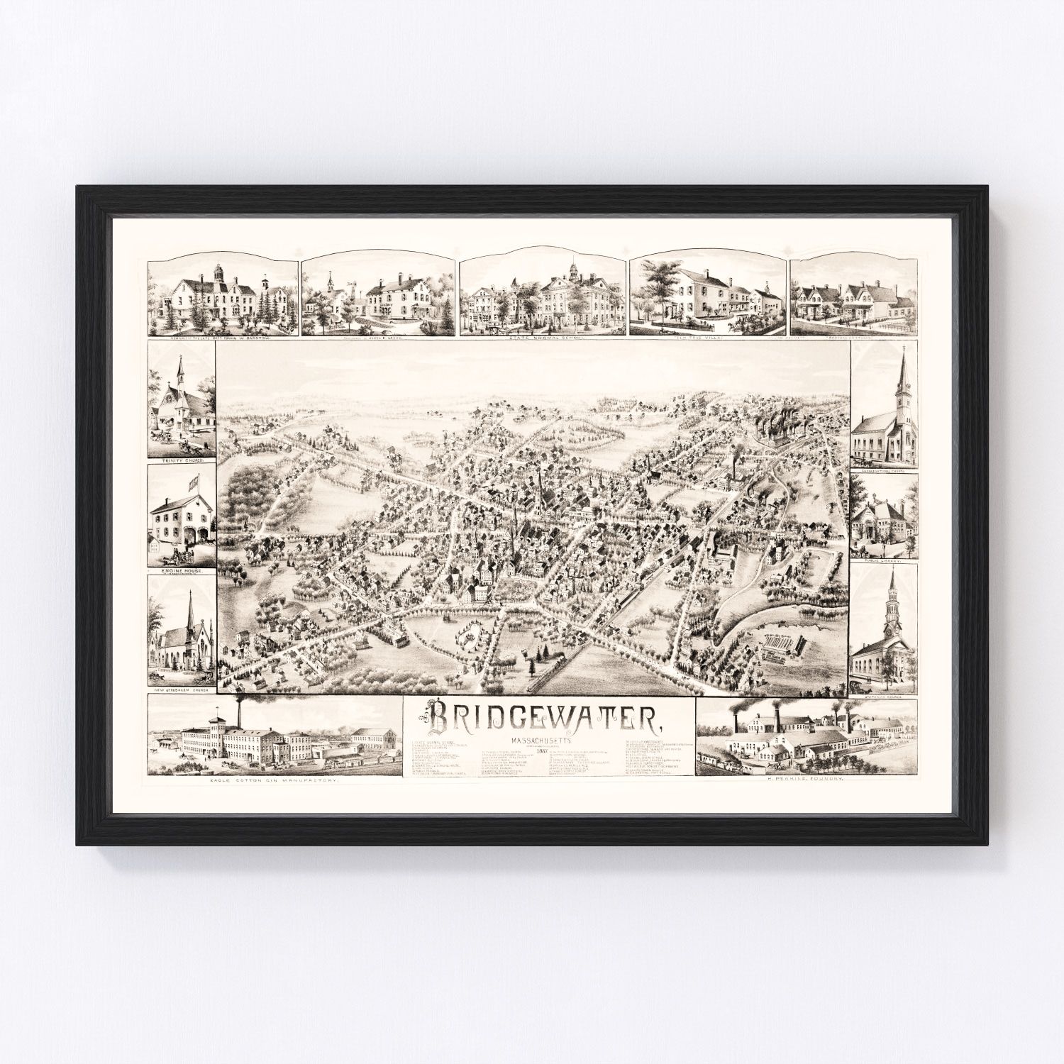 Vintage map of Bridgewater, Plymouth County, Massachusetts, 1887, restored print