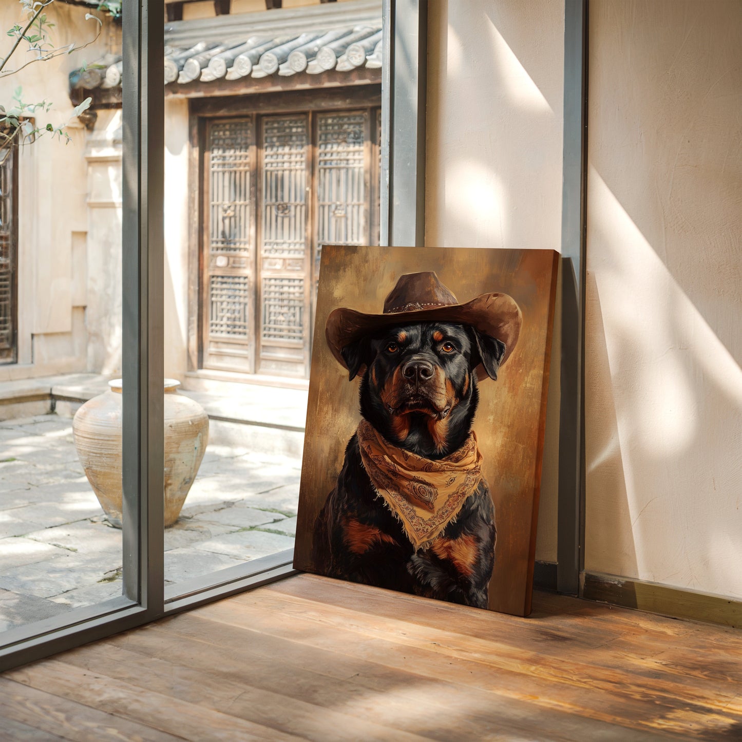 Western Cowboy Rottweiler Rustic Dog Art Print