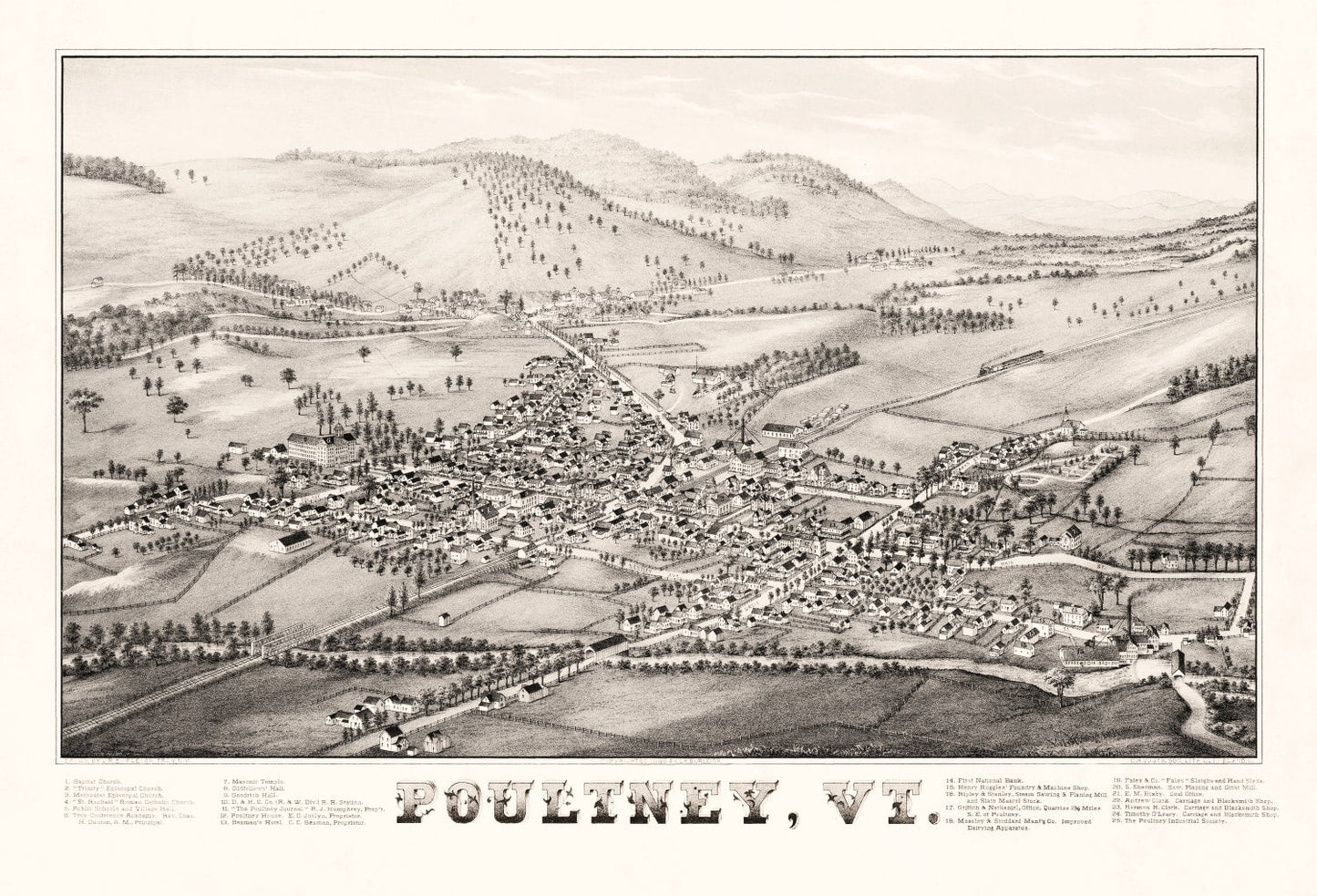Vintage Map of Poultney, Vermont, 1886