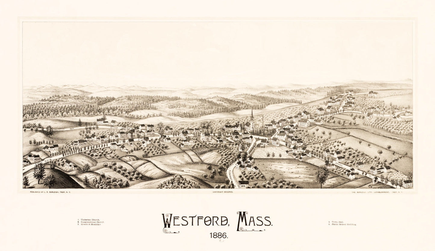 Vintage Map of Westford, Massachusetts, 1886