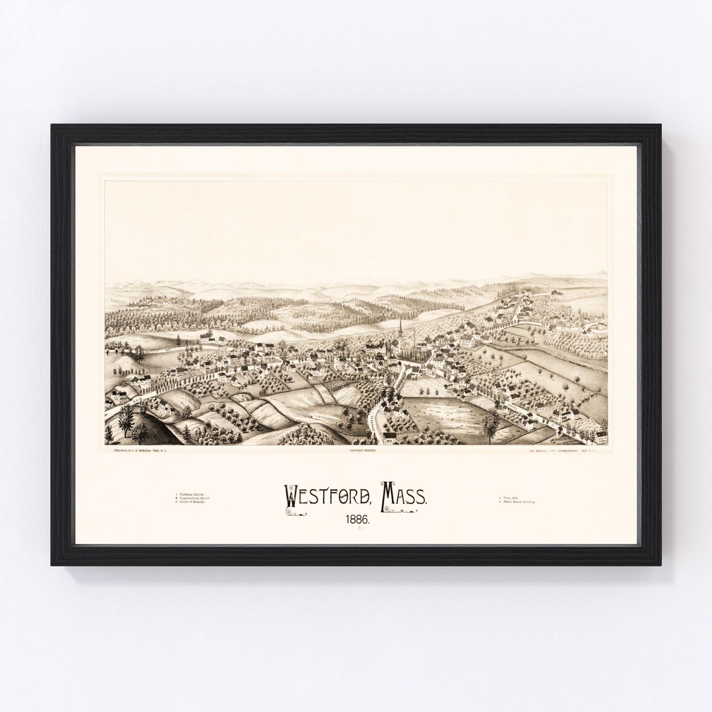 Vintage map of Westford, Massachusetts, 1886, Middlesex County mills and granite quarries