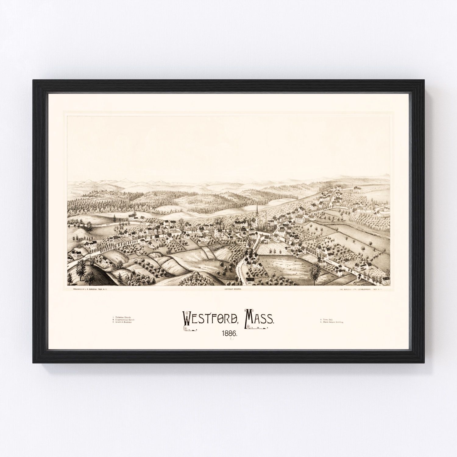 Vintage map of Westford, Massachusetts, 1886, Middlesex County mills and granite quarries