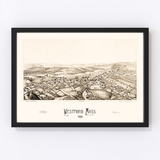 Vintage map of Westford, Massachusetts, 1886, Middlesex County mills and granite quarries