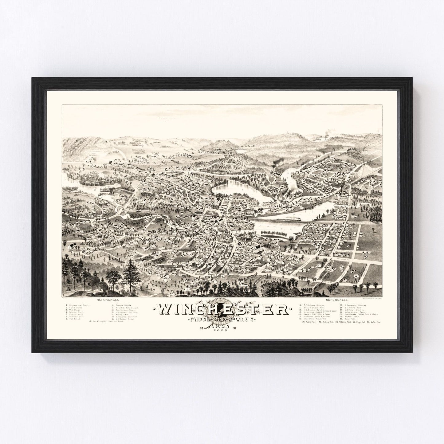 Vintage map of Winchester, Massachusetts, 1886, late Victorian restored