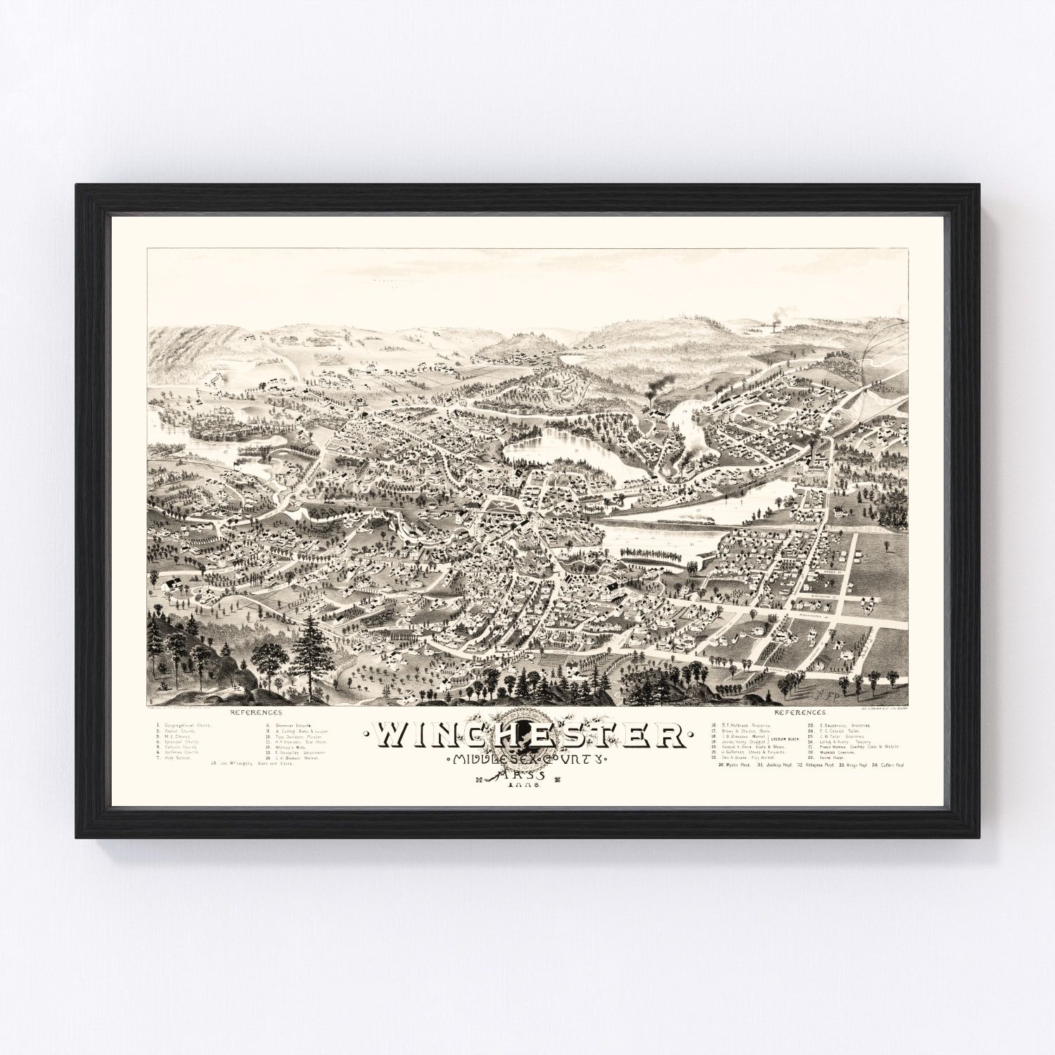 Vintage map of Winchester, Massachusetts, 1886, late Victorian restored