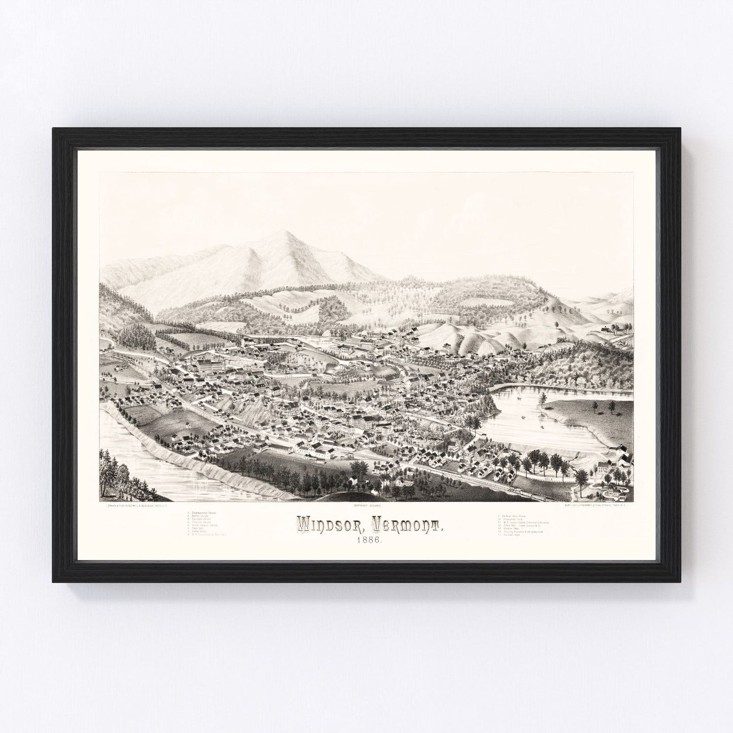 Vintage map of Windsor, Vermont, 1886, Connecticut River valley restored print