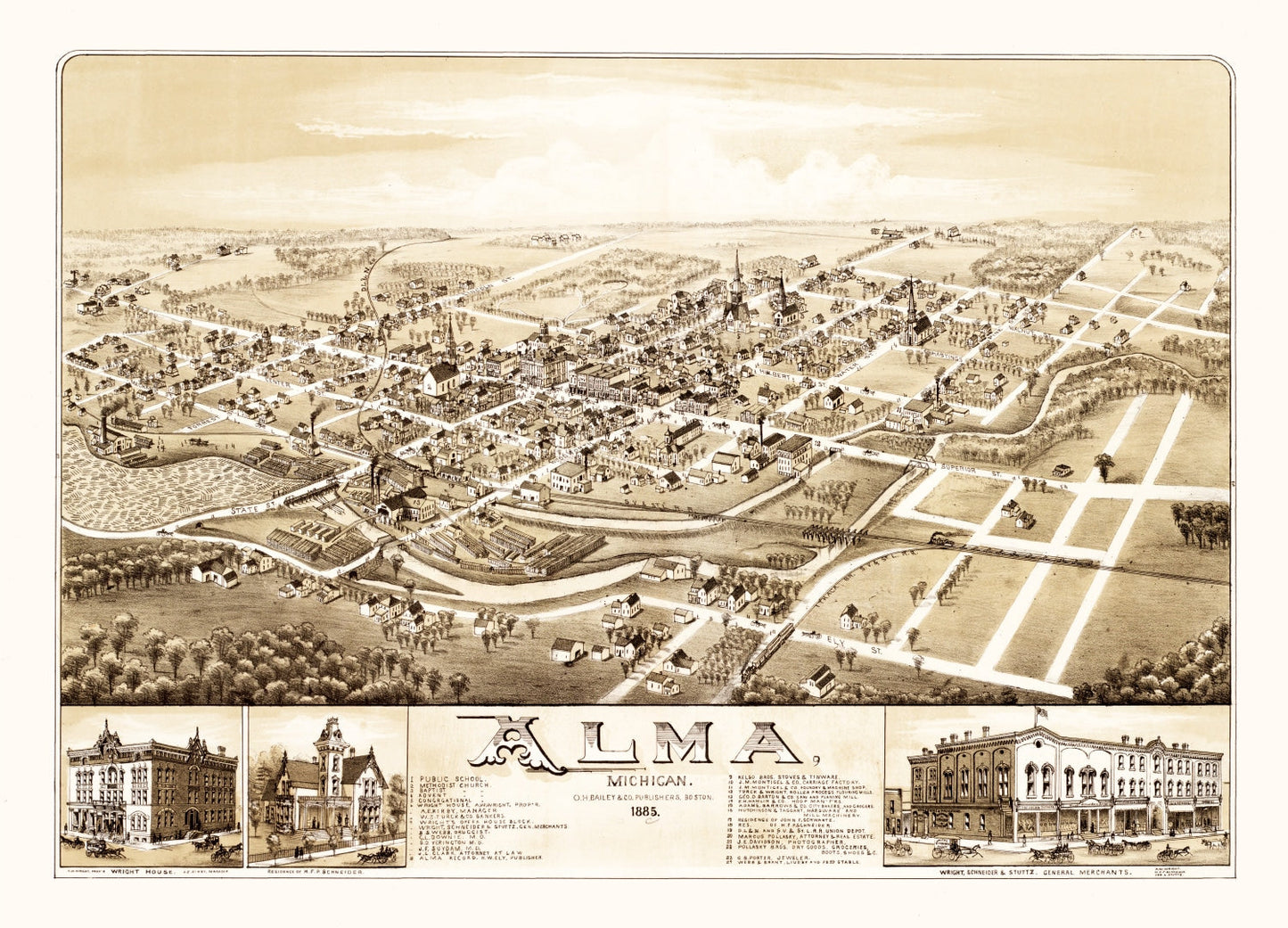 Vintage Map of Alma, Michigan, 1885