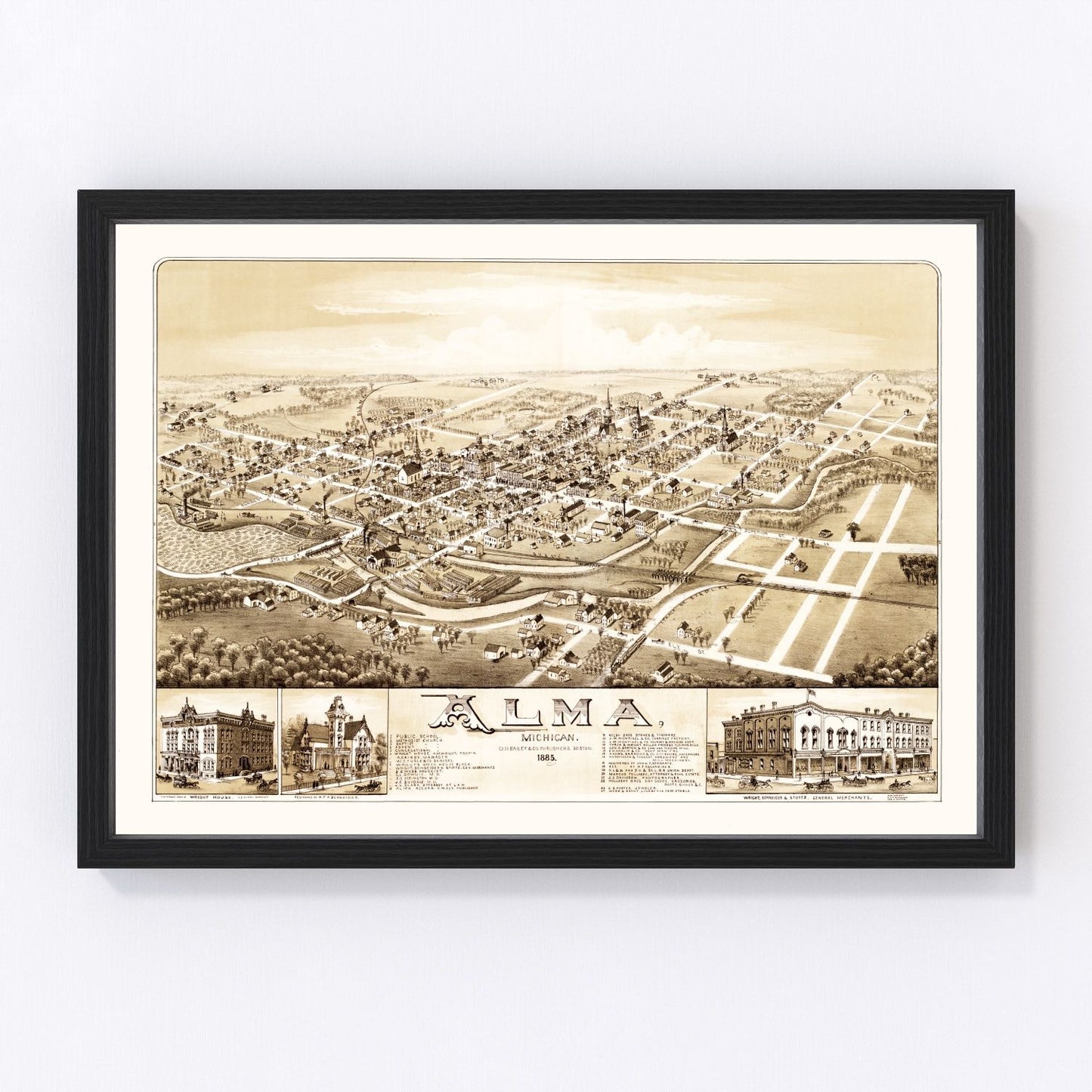 Vintage map of Alma, Michigan, 1885, Gratiot County restored print