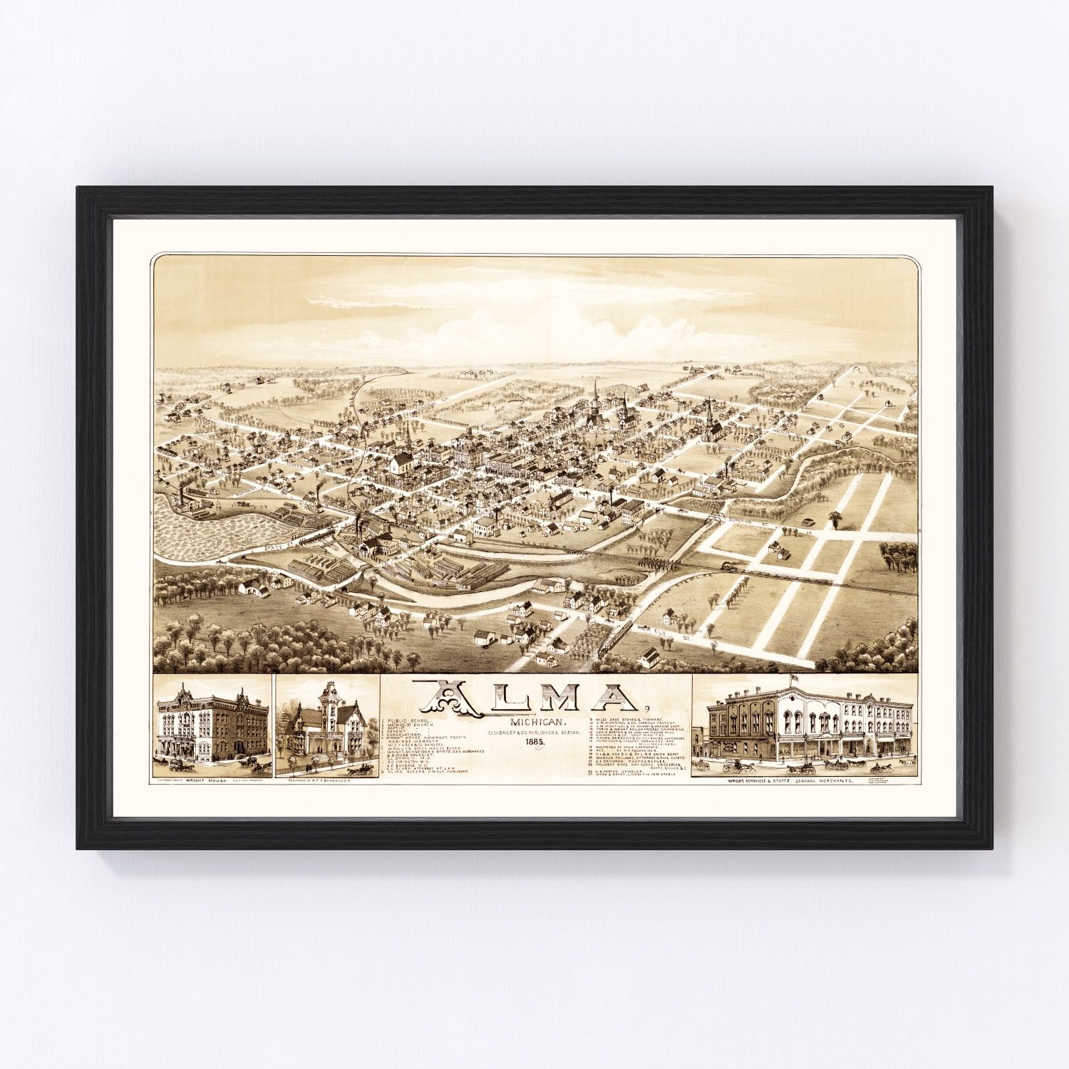 Vintage map of Alma, Michigan, 1885, Gratiot County restored print