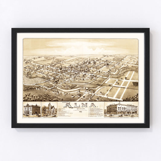 Vintage map of Alma, Michigan, 1885, Gratiot County restored print