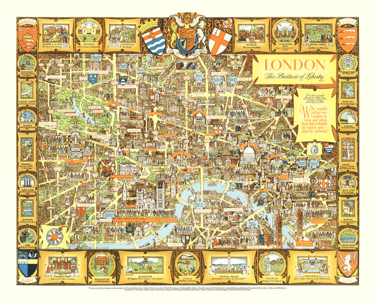 Vintage Map of London, England, 1951