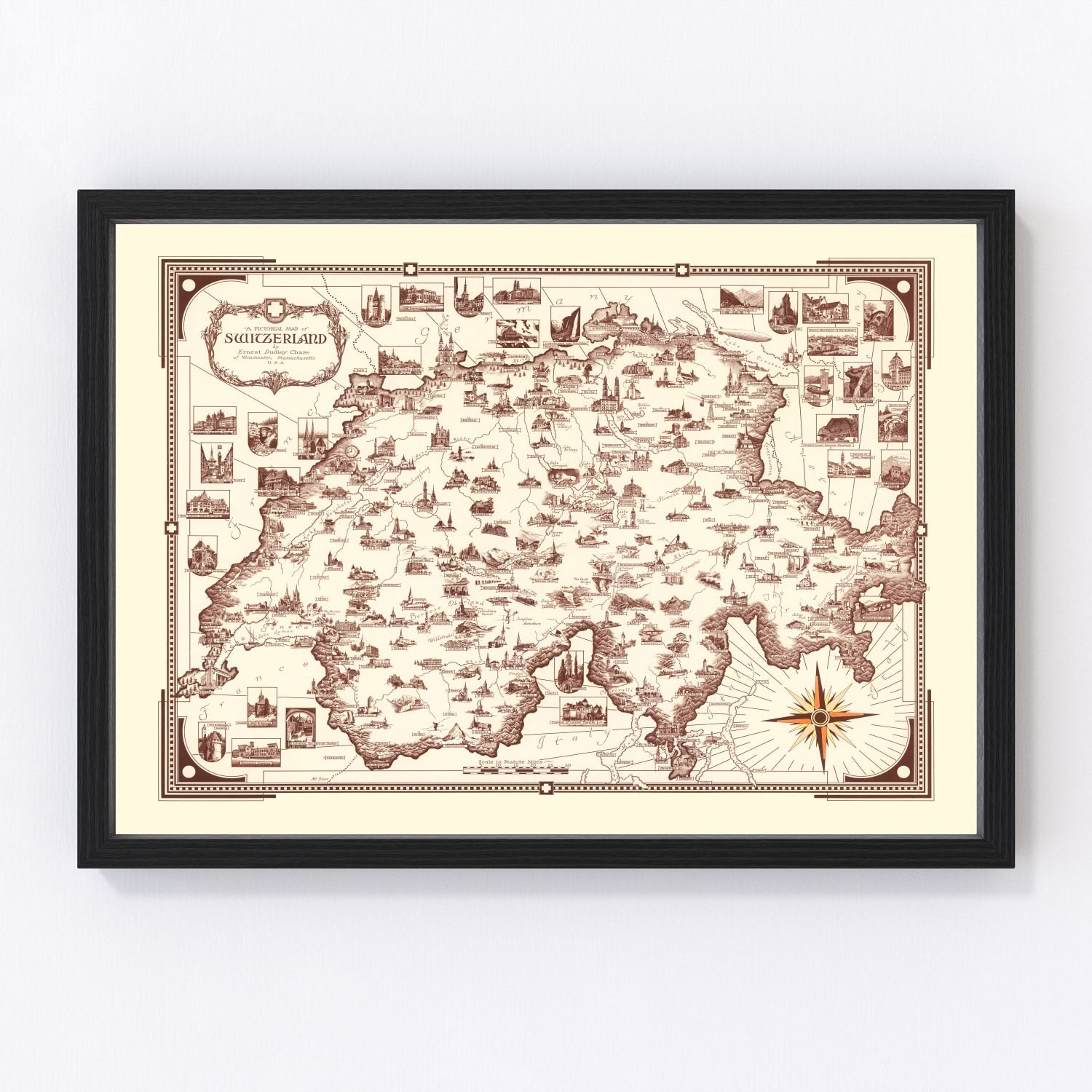 Vintage 1936 pictorial travel map of Switzerland in 1930s illustrated style, restored print