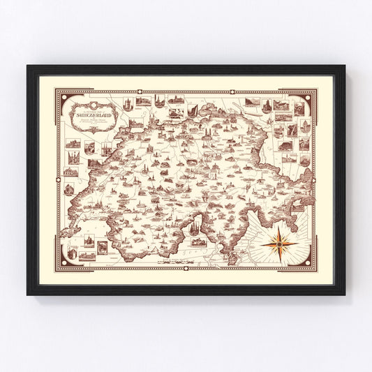 Vintage 1936 pictorial travel map of Switzerland in 1930s illustrated style, restored print