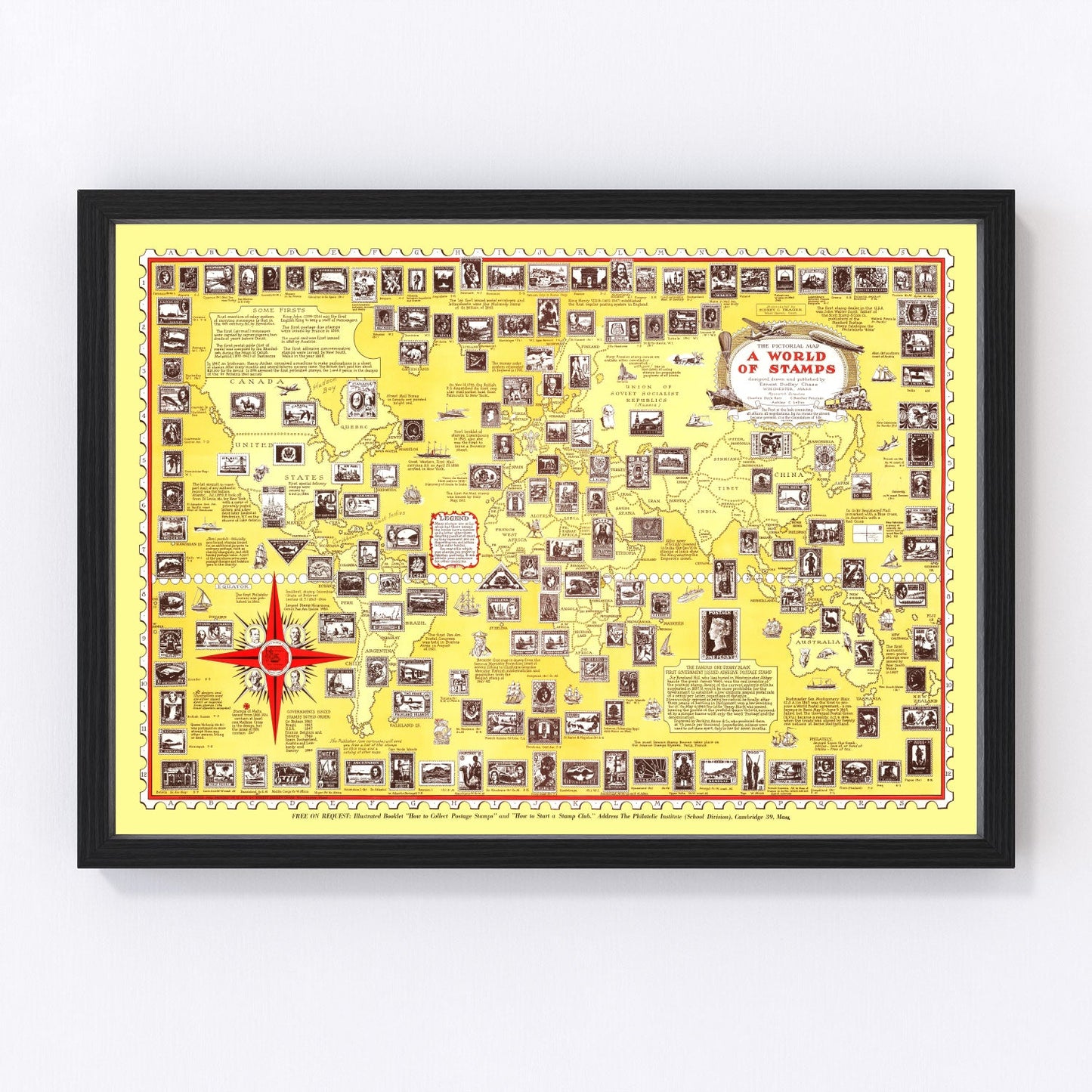 Vintage 1947 world map of stamps showing postal regions by country, restored print