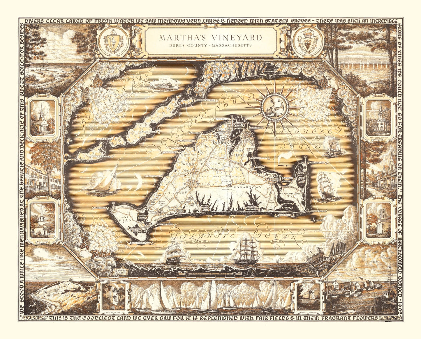 Vintage Map of Martha's Vineyard, 1954